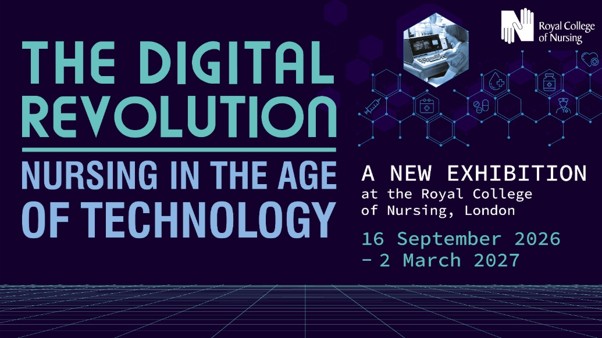 Dark blue background with a graphic of healthcare-related items and a black and white photo of a nurse at an old computer modem in a constellation of hexagons. To the side, the words, The Digital Revolution Nursing in the Age of Technology.