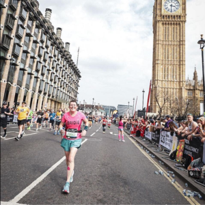 Women running London Marathon with Big Ben in background 