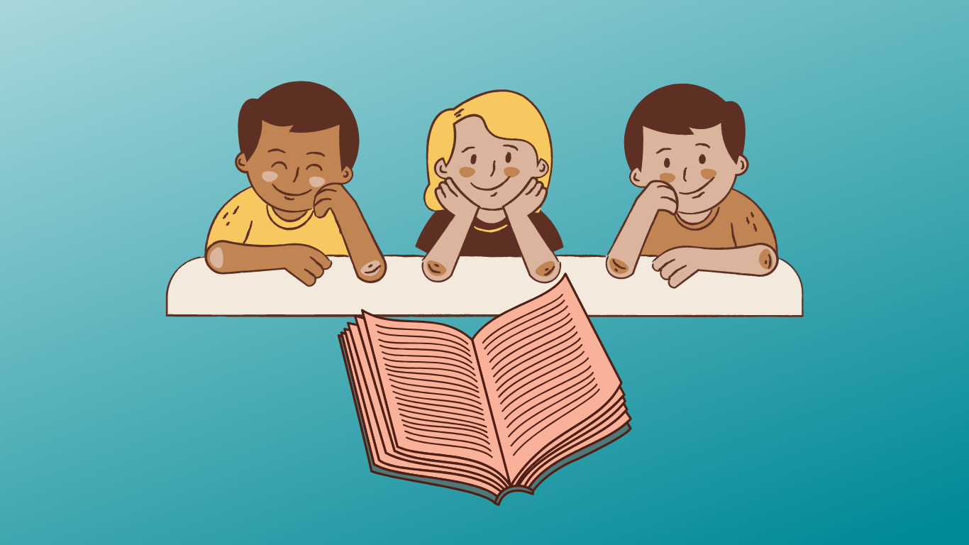 three children enjoy a book