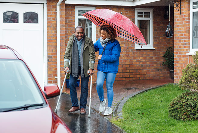 Women walking outside in the rain linking arms with another lady