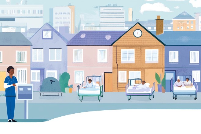 Virtual wards and hospital and home services Illustration of a row of houses with hospital beds in front on the street