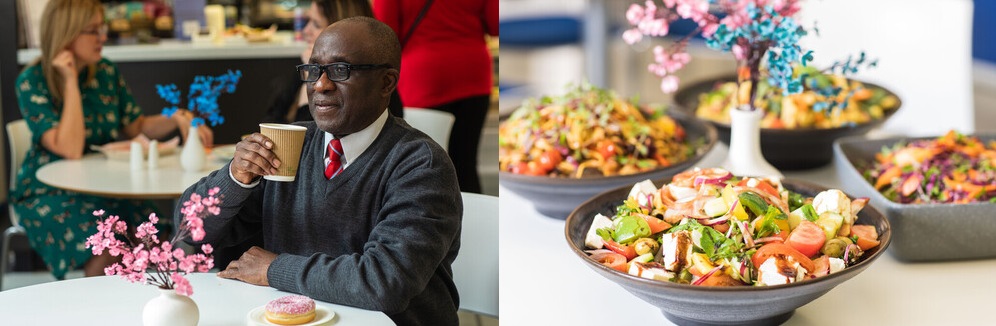 A collage showing customer at the RCN café with a cup of coffee and a doughnut and a table with four bowls of salad