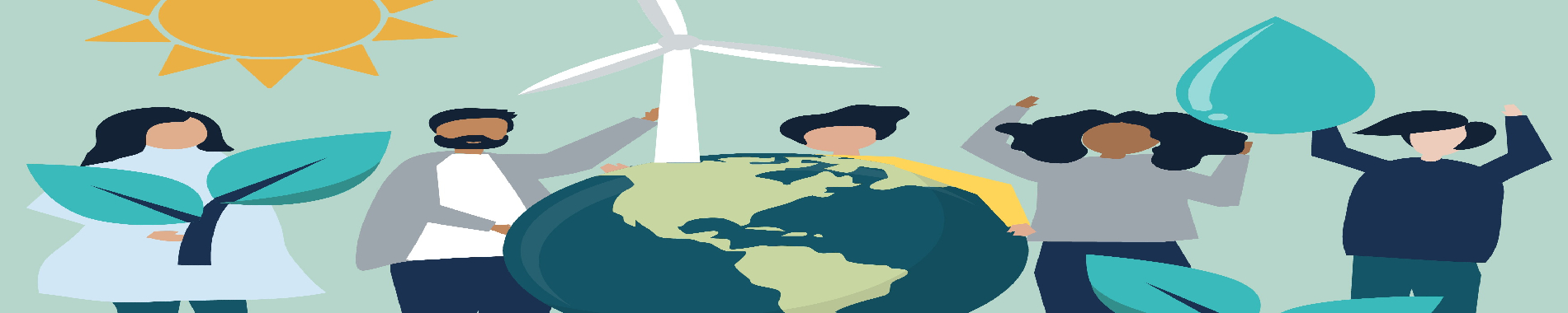 Illustration of several people gathered around a globe, with a wind turbine, sun, leaves, and a large water droplet symbol in the background. The image uses green and blue tones to represent environmental sustainability, renewable energy, water conservation, and collective action on climate change.