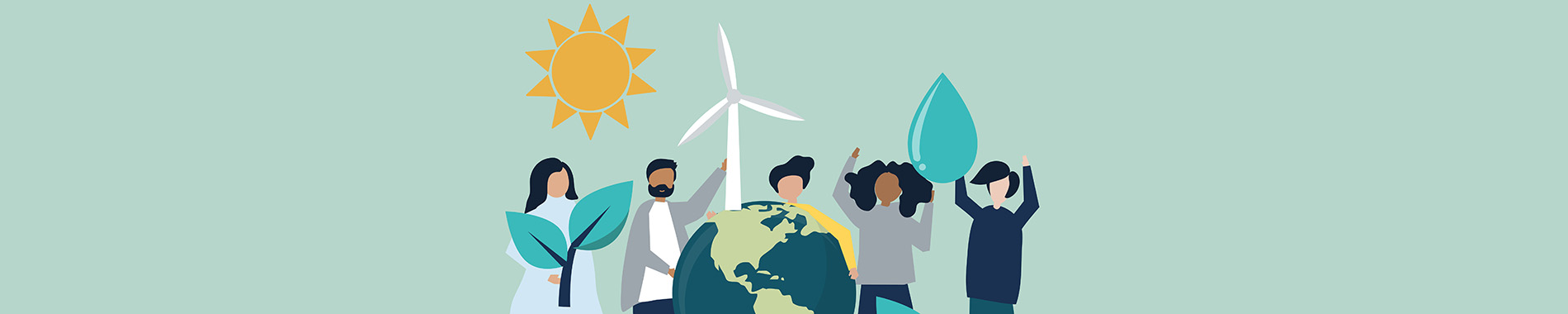 llustration of five people standing around a globe, holding large leaves and raising their arms beside a wind turbine, with a sun overhead. The image uses green and blue tones to represent sustainability, renewable energy, environmental protection, and collective action to support the planet.