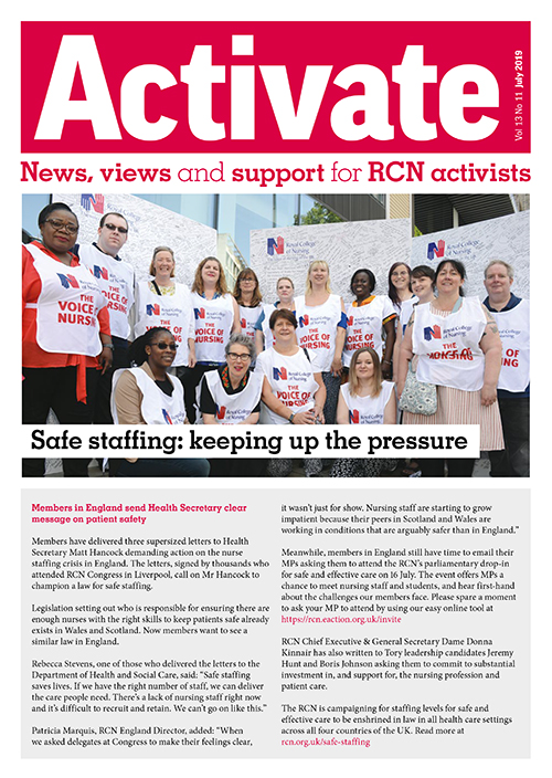 Cover of the July issue of Activate featuring a photo of members outside parliament