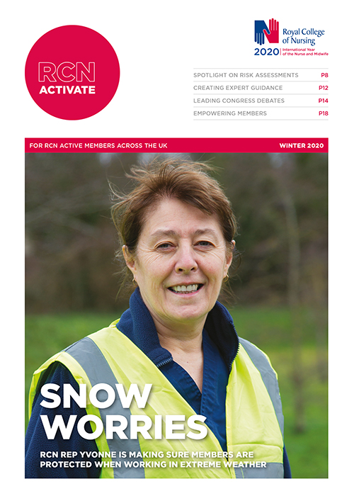 Cover of Activate Winter 2020 featuring RCN safety rep Yvonne