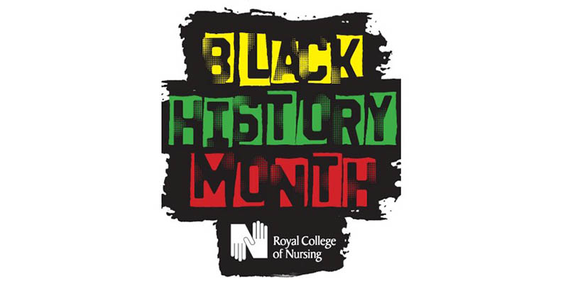 Black History Month RCN logo - yellow, green and red background behind the three words and a white RCN logo over black paintbrush-style background
