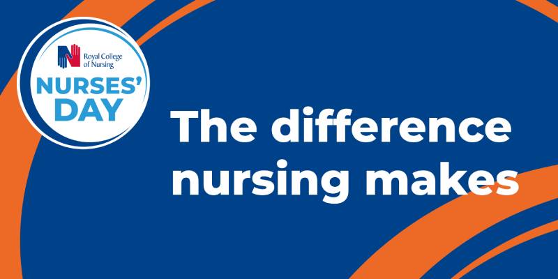 Nurses Day 2024 graphic 800x400 Nurses' Day 2024 graphic - blue background and orange swirls with a round nurses' day badge in the top right and 'The difference nursing makes' text in white font 800x400
