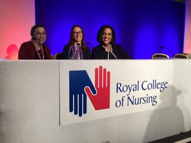 A photograph of Michelle Cox addressing the RCN Joint Reps conference in October 2025