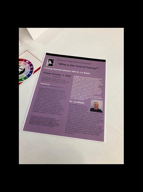 Photo showing conference brochure information about Liz Walsh addressing International Conference on the Nurse’s Role in the Criminal Justice System