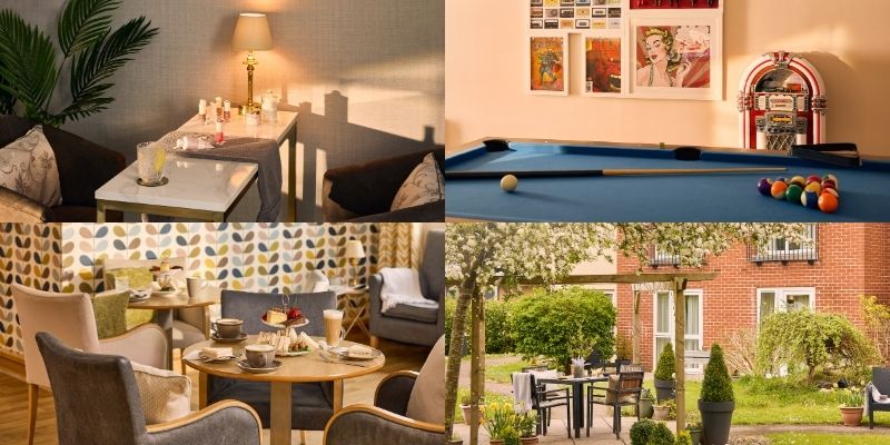 Collage of photos of Greenhill Manor Care Home: the nail salon, the games room, the cafe and the garden