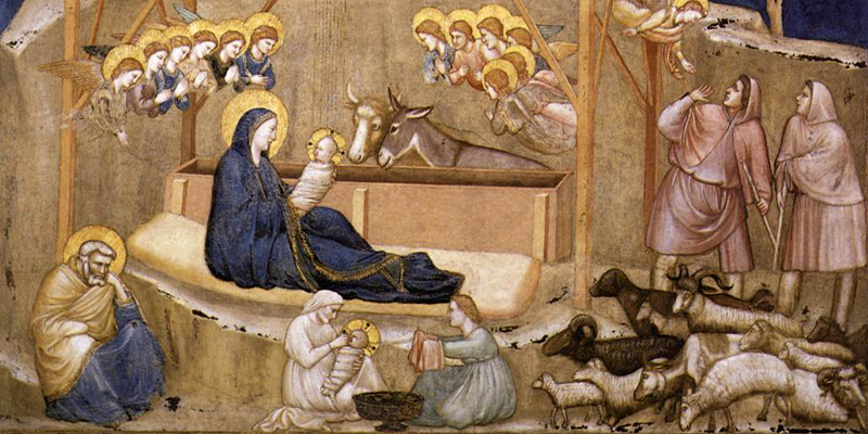 A scene of the nativity featuring two midwives