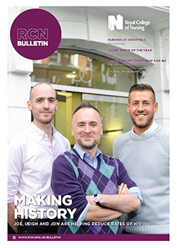 Front cover of December issue of RCN Bulletin, showing three nurses outside a clinic