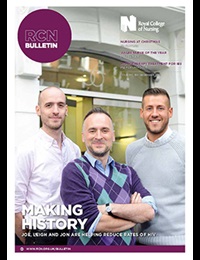 Front cover of December issue of RCN Bulletin, showing three nurses outside a clinic