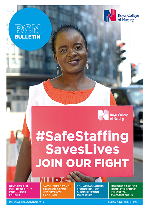 Bulletin October front cover woman holding safe staffing banner