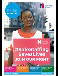 Bulletin October front cover woman holding safe staffing banner