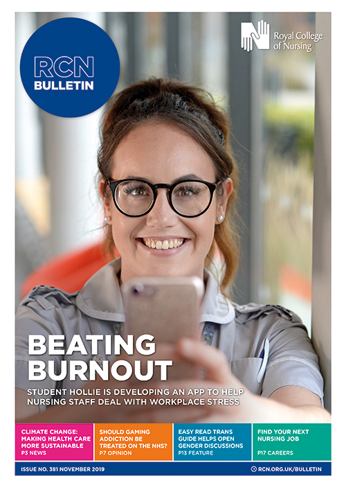 Cover of Bulletin November issue with student member Hollie holding out her phone