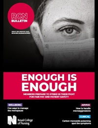 Front cover of RCN Bulletin magazine, Winter 2022 issue, showing black and white photo of nurse's face on black background with headline 'Enough is Enough'