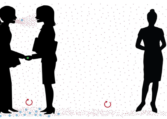 A graphic depicting the spread of droplets when speaking closely with someone. 