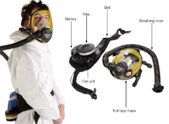 A photo of a person wearing a powered respirator