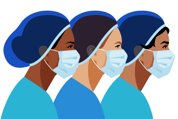Graphic of three female nurses in a row, each wearing PPE