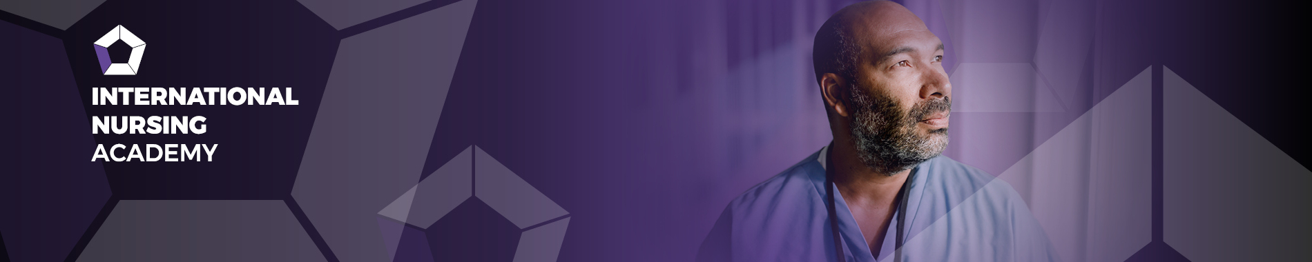 Purple banner featuring the words 'International Nursing Academy' on the left hand side and showing a nurse on the right hand side