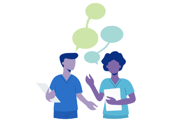 Illustration of two healthcare professionals, one male and one female, engaged in conversation. Both are wearing blue scrubs and holding documents. Speech bubbles in green and blue hover above them.