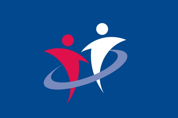 Illustration of a red figure and a white figure surrounded by a blue circle