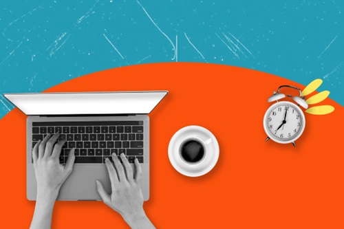 Graphic of hands on a laptop next to a cup of coffee and a clock