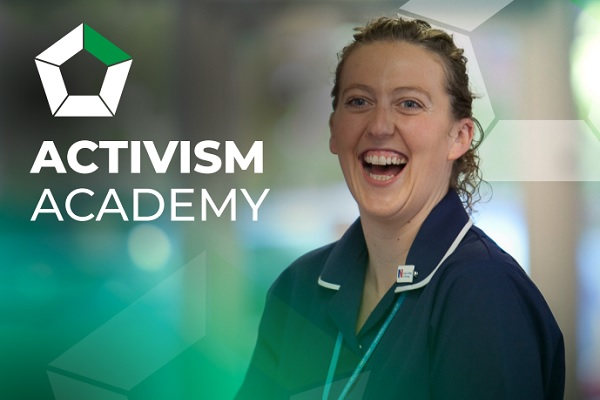 Photo of  a nurse with a green overlay and the activism academy logo