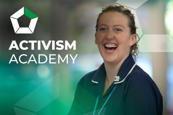 Photo of a nurse with a green overlay and the activism academy logo