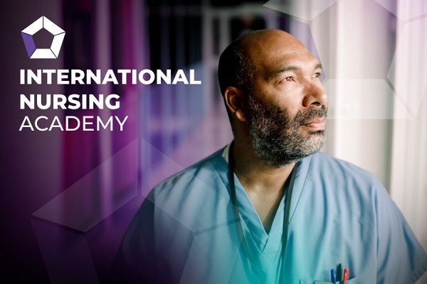 photo of a nurse with a purple overlay and the international nursing academy logo