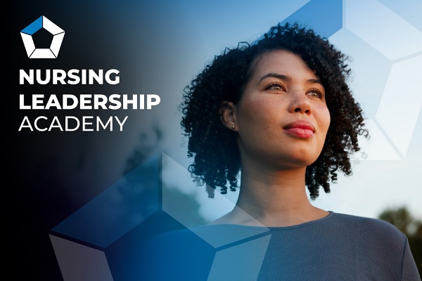 Photo of a nurse with a blue overlay and the nursing leadership academy logo