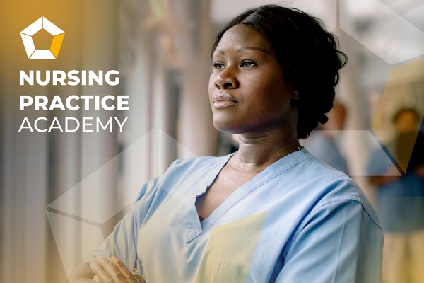 Photo of a nurse with a yellow overlay and the nursing practice academy logo
