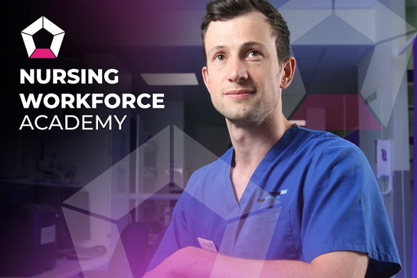 Photo of a nurse with a purple overlay and the nursing workforce academy logo
