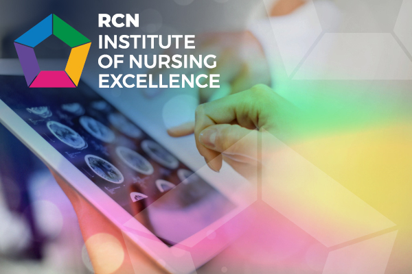 The RCN Institute of Nursing Excellence logo over an image of a nurse using a tablet with medical imagery