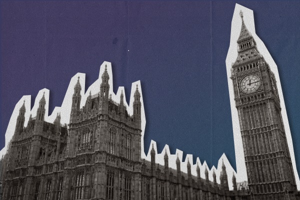 A cutout of the Palace of Westminster on a blue background