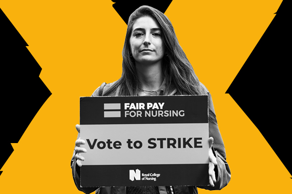Image of nurse holding a placard that reads 'Vote to Strike'