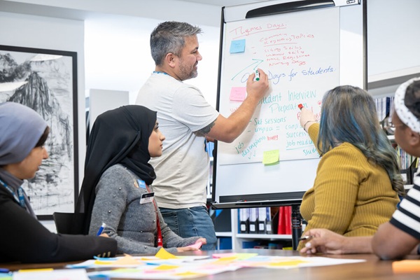 Members meeting and writing on whiteboard