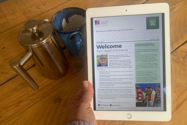 Image of the Nursing Cadet Scheme Spring 2024 newsletter being viewed on an iPad. 