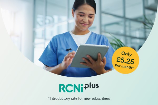 Promotional graphic for RCN Plus showing a healthcare worker in blue scrubs using a tablet in a bright clinical setting. A yellow circular badge states, “Only £5.25 per month*”. The RCN Plus logo appears below, with the text “*Introductory rate for new subscribers”.