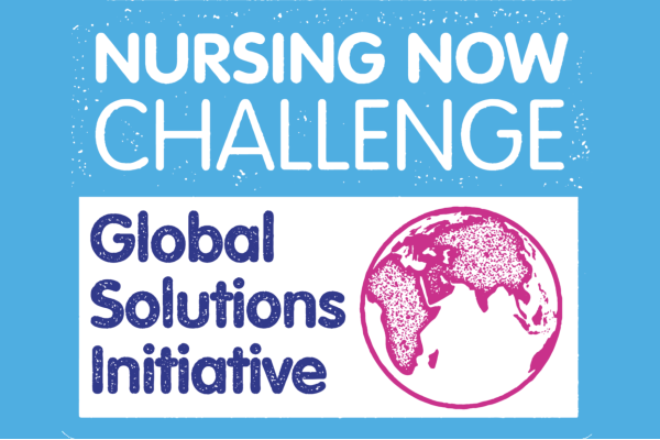 Logo for the Nursing Now Challenge Global Solutions Initiative. The top text reads 'NURSING NOW CHALLENGE' in white on a blue background. Below, a white box contains the purple text 'Global Solutions Initiative' next to a purple circular graphic of a world map.