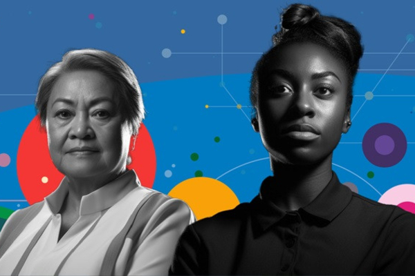 A black-and-white portrait of two women, one older and one younger, set against a vibrant blue background with colorful abstract circles and geometric lines.