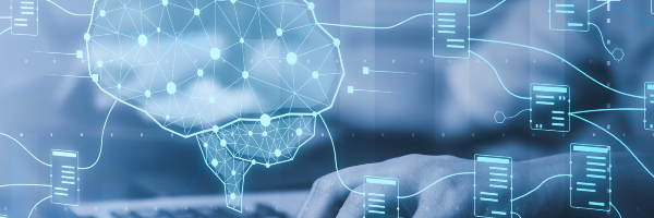 Blue matrix image with outline of human brain and computer symbols