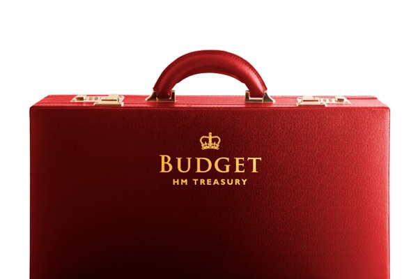 A red briefcase with gold lettering reading 'Budget - HM Treasury'