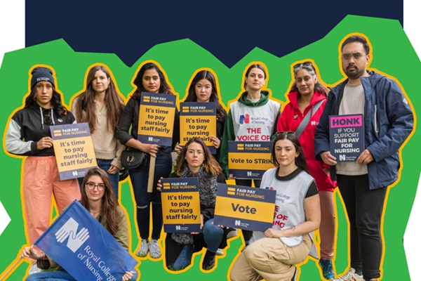 A collage showing several people with signs saying 'fair pay for nursing'