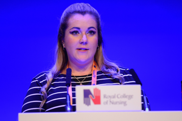 RCN Mental Health Forum Chair Laura Daukintis speaking at the RCN Congress podium