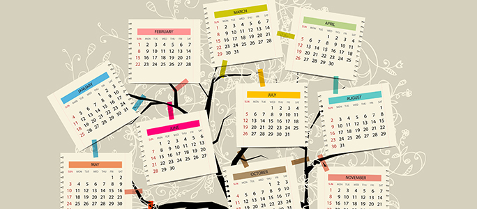 Illustration of a tree with calendar pages hanging from its branches