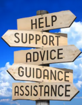 Signpost reading 'help', 'support', 'advice', 'guidance', 'assistance'