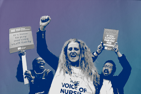 A collage of three members of nursing staff at 'Fair pay for nursing' demonstrations